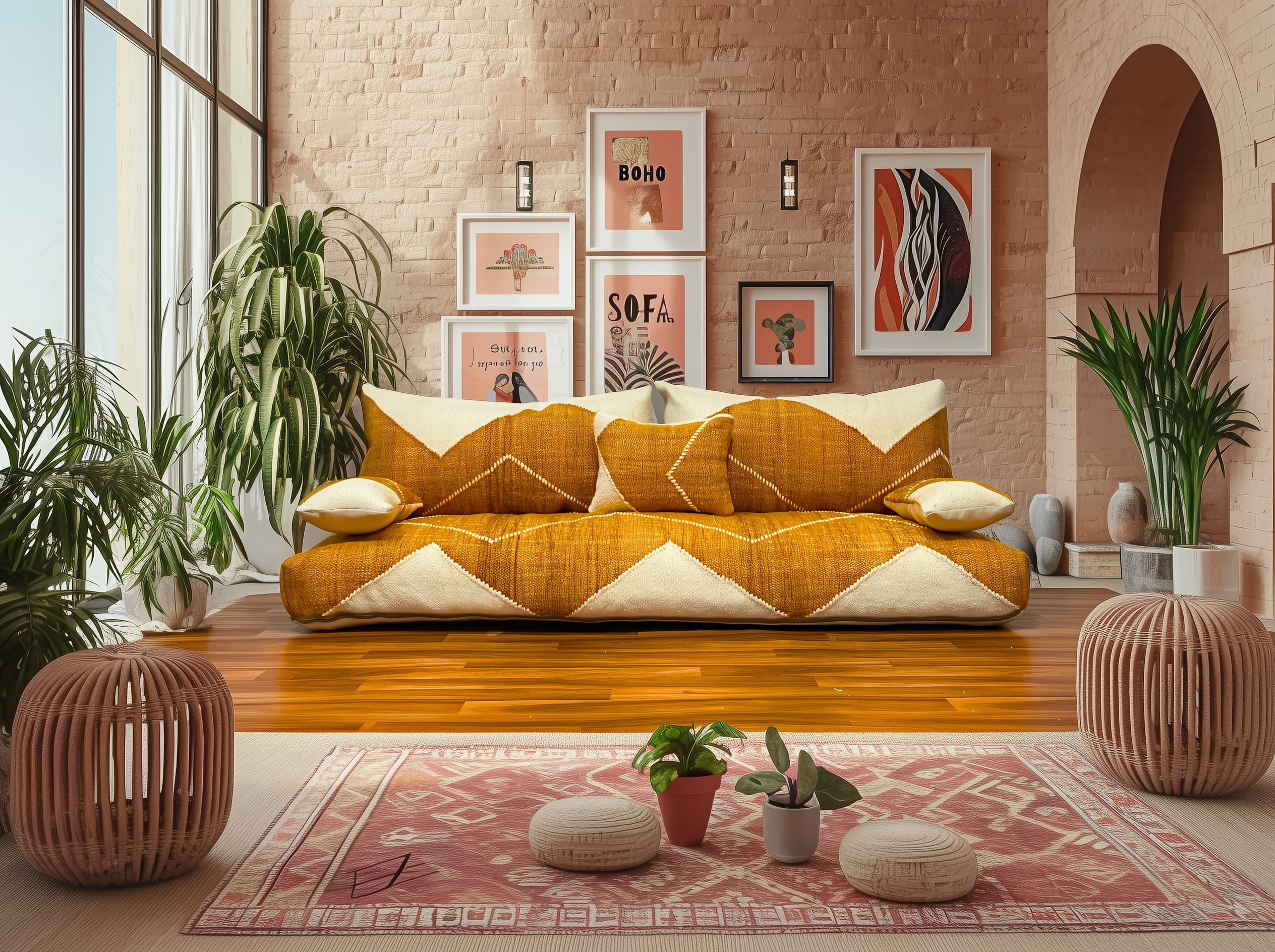 BOHOSOFA Premium Handwoven Orange Moroccan Floor Couch – Natural JEBLI
