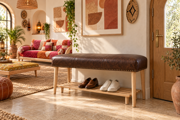 Leather Bench with Shoe Storage: A Handmade Moroccan Entryway Bench in 3 Colors