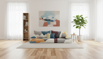 Boho styled small apartment living room with handmade Moroccan floor couch