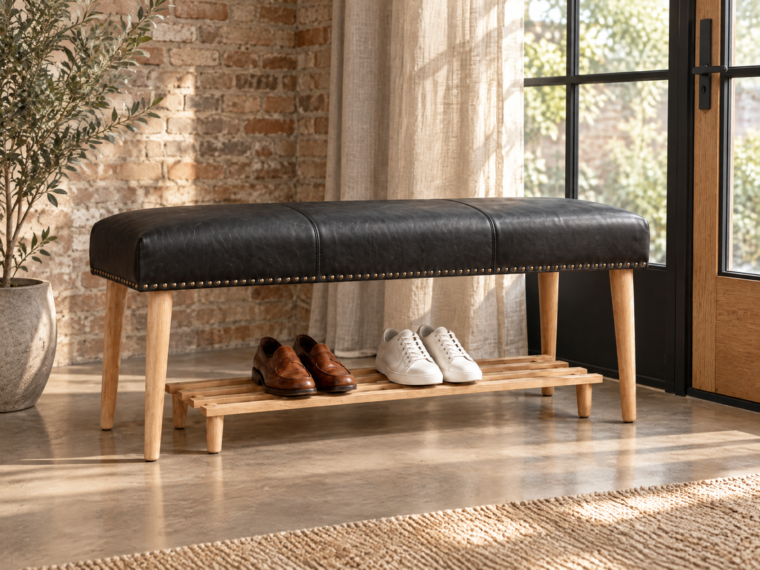 Black Genuine Leather Bench with Shoe Shelf – Moroccan Handmade Entryway Bench, Solid Wood Legs