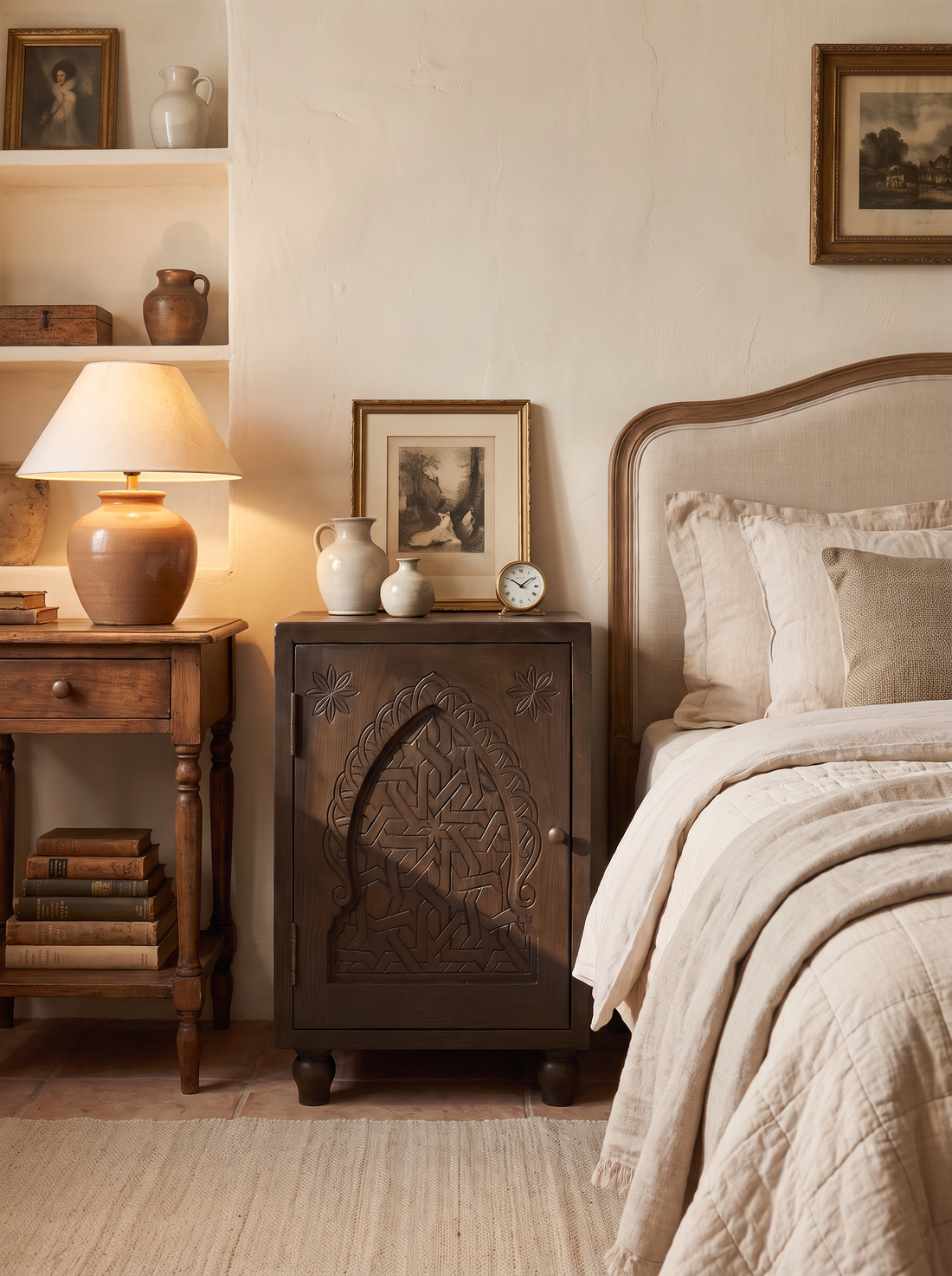 Hand Carved Moroccan Cedar Wood Nightstand Cabinet, Boho Bedside Table with Arched Door