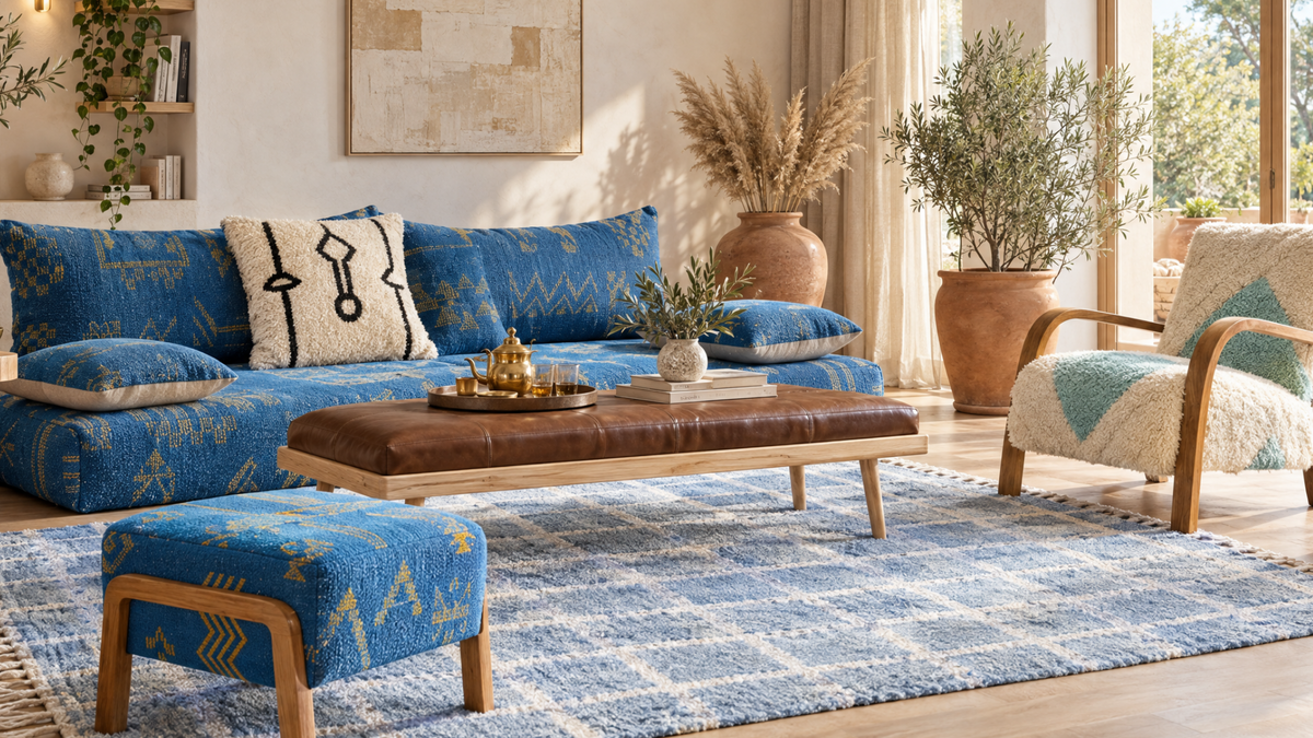 A styled living room scene featuring a green patterned sofa, a brown leather ottoman, a green and cream rug, and an orange-and-black knit armchair in a warm, sunlit interior with plants and terracotta walls.slider_item_F6Kmar