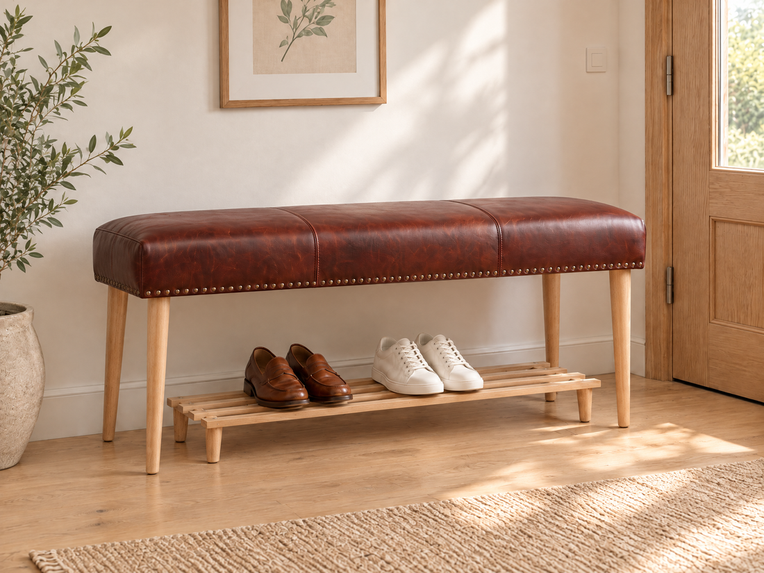 Cognac Red-Brown Genuine Leather Bench with Shoe Shelf – Moroccan Handmade Entryway Bench, Solid Wood Legs
