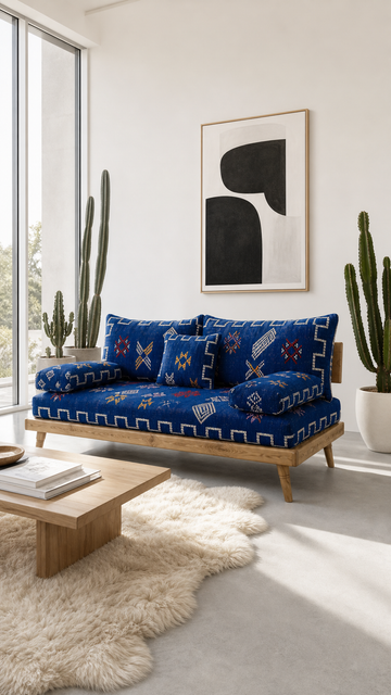 Blue Authentic Moroccan Handmade Wool Sofa with Foam & Solid Cedar Wood Base S22, close-up detail view – Boho Sofa