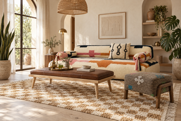 A styled living room scene featuring a cream bouclé sofa with colorful geometric throw pillows, a brown leather ottoman table, a patterned rug, and a small upholstered stool in a warm, sunlit interior.