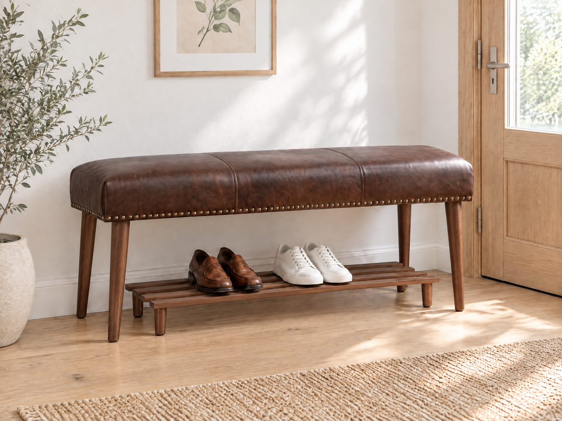 Brown Genuine Leather Bench with Shoe Shelf – Moroccan Handmade Entryway Bench, Solid Wood Legs