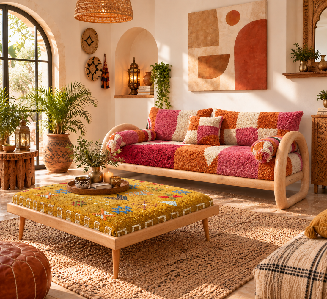Square Moroccan Kilim Coffee Table Ottoman – Mustard Yellow Handwoven Top, Solid Wood Frame, Handmade Footstool