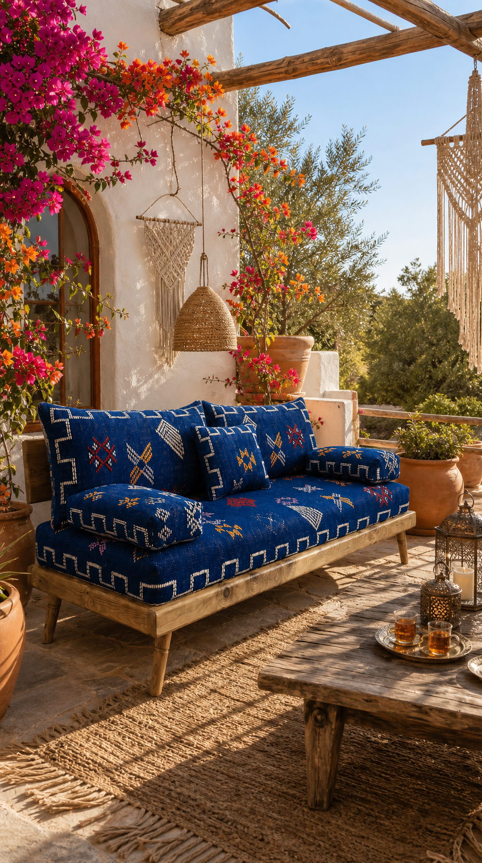 Blue Authentic Moroccan Handmade Wool Sofa with Foam & Solid Cedar Wood Base S22