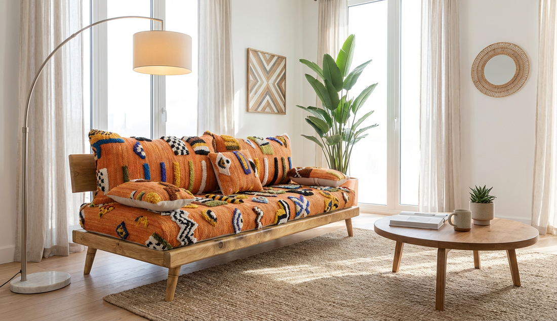 Orange Authentic Moroccan Handmade Wool Sofa with Foam & Solid Cedar Wood Base S23