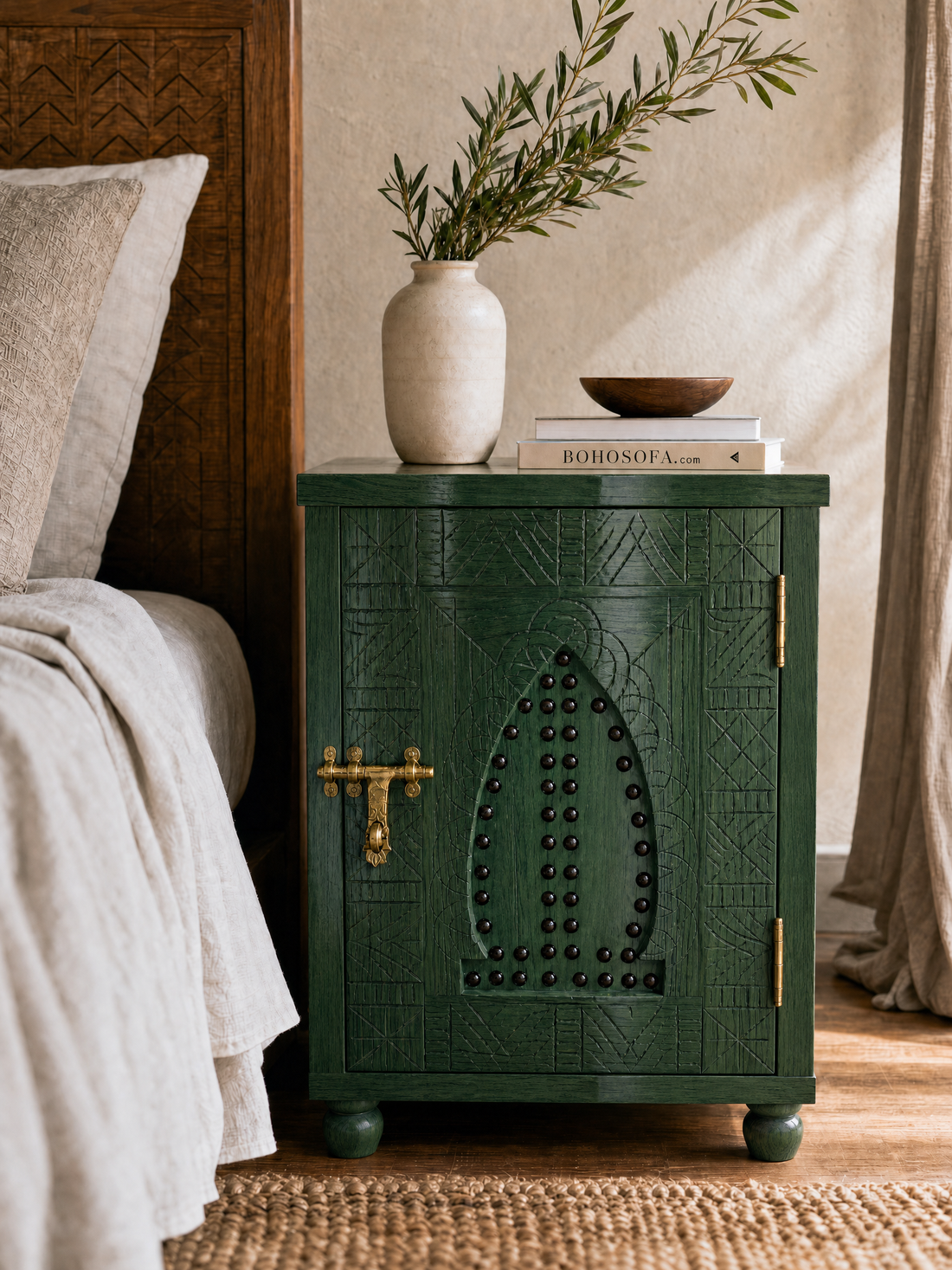 Hand Carved Moroccan Cedar Wood Nightstand Cabinet, Studded Arch Door Bedside Table with Brass Latch