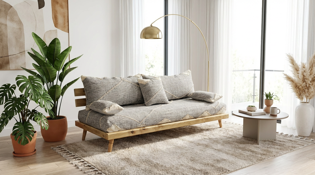 Orange Authentic Moroccan Handmade Wool Sofa with Foam & Solid Cedar Wood Base S24