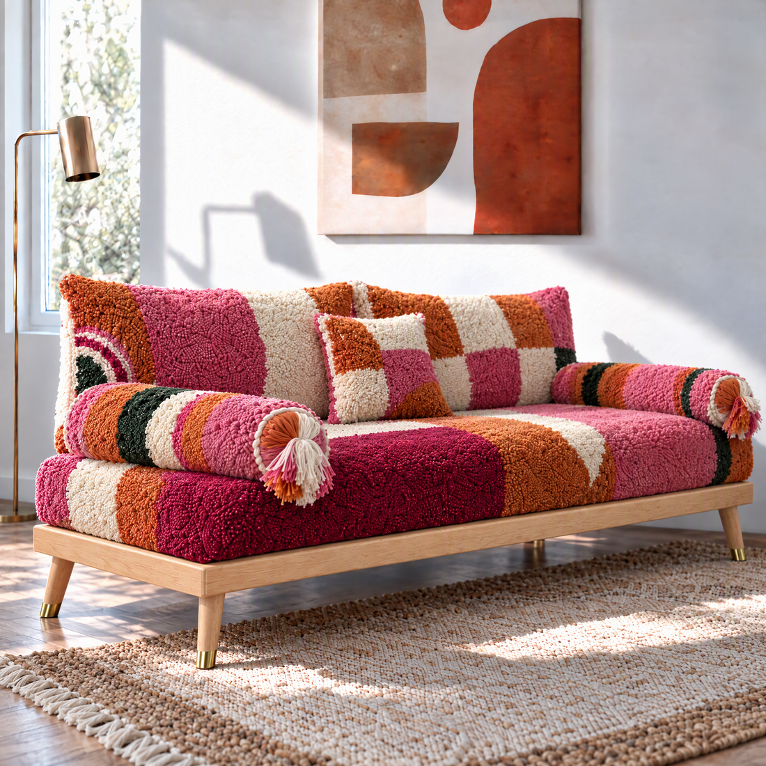 Handmade Moroccan Wool Sofa with Beech Wood Frame – Pink, Orange & Cream Hand-Woven Pattern