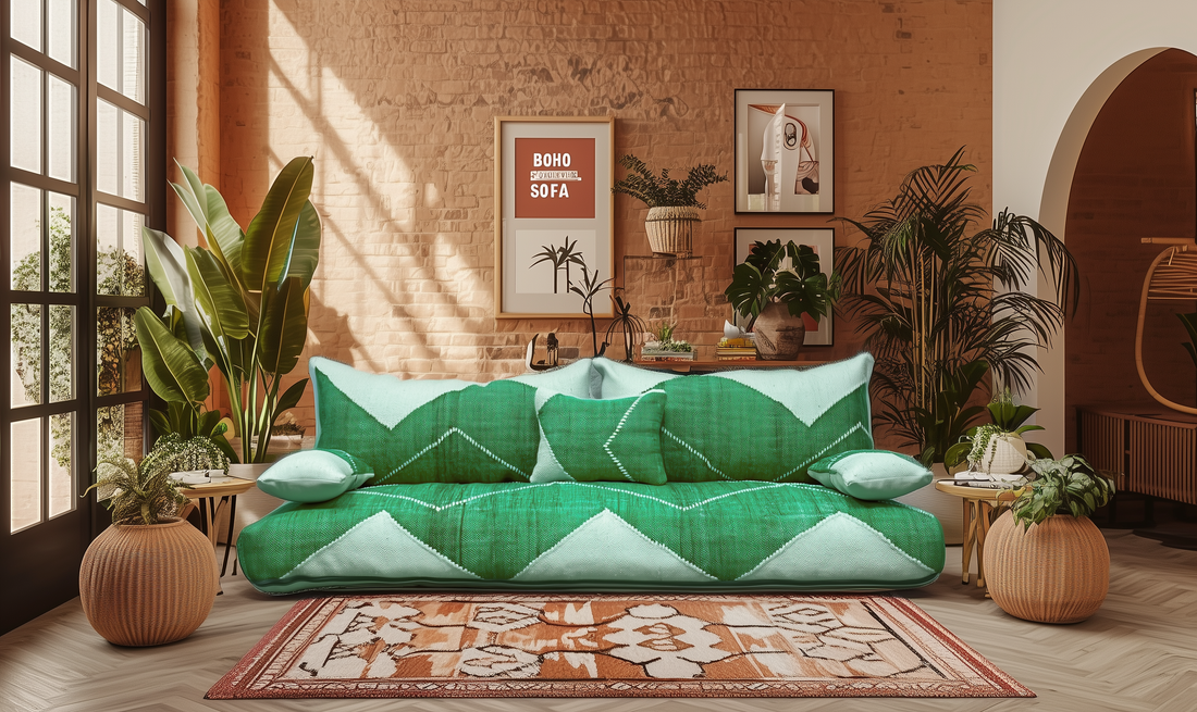 Premium Handwoven Green Moroccan Floor Couch – Natural JEBLI Collection-BOHO SOFA