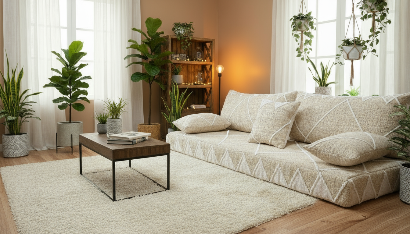 Living room with a Moroccan beige sofa, coffee table, and various plants.