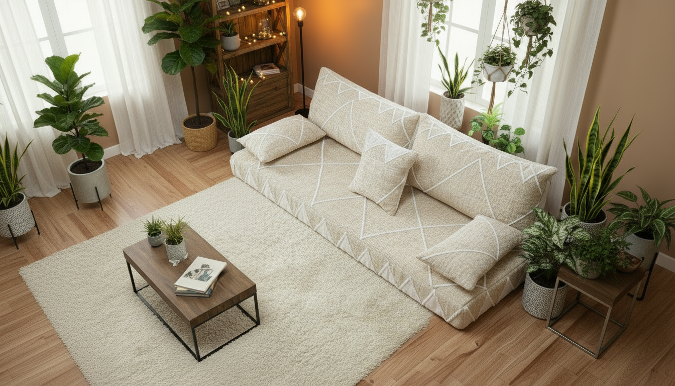 Moroccan floor couch in Living room with a beige sectional sofa, wooden coffee table, and potted plants.