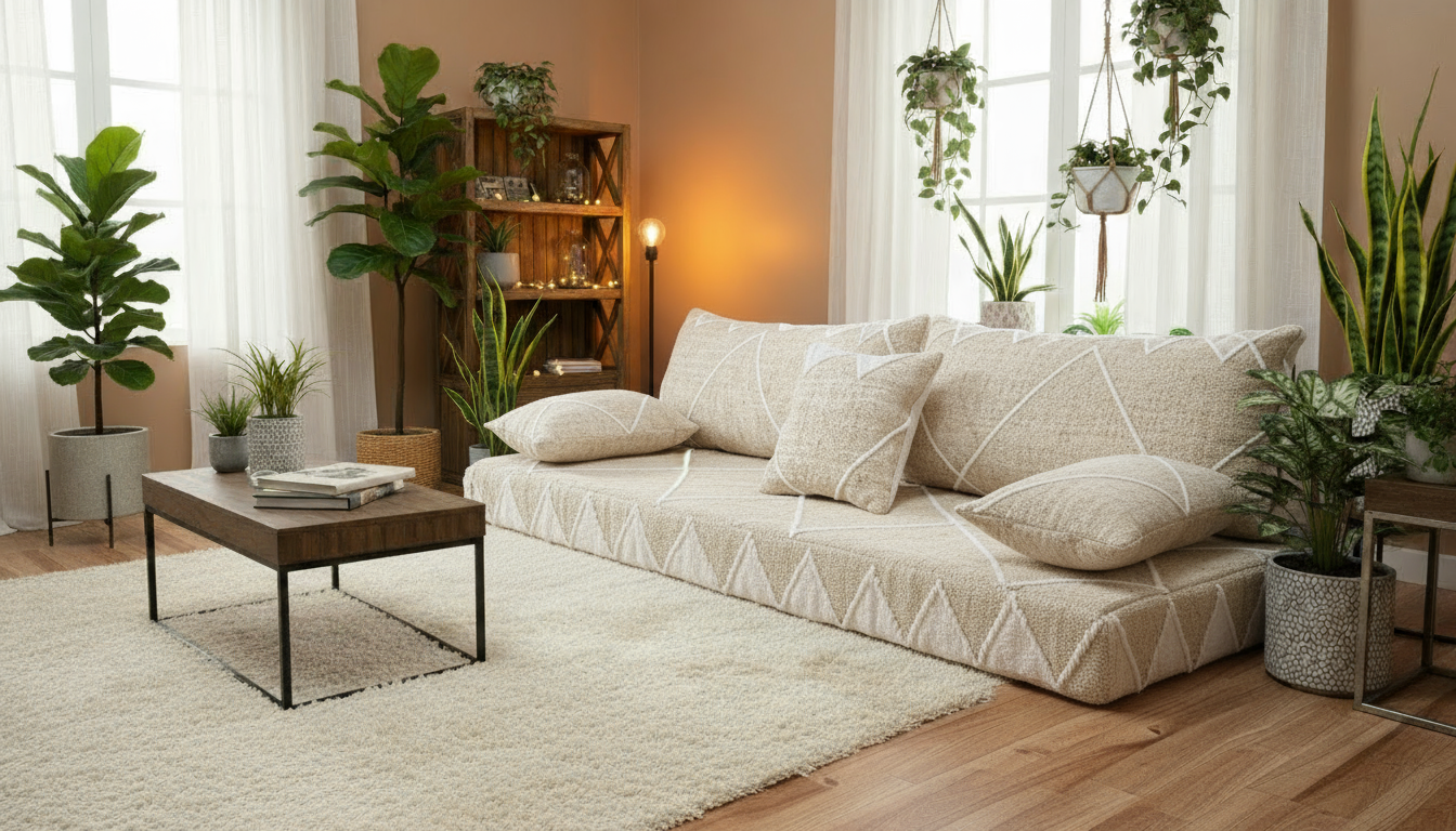 Living room with a beige sofa, coffee table, and various plants.
