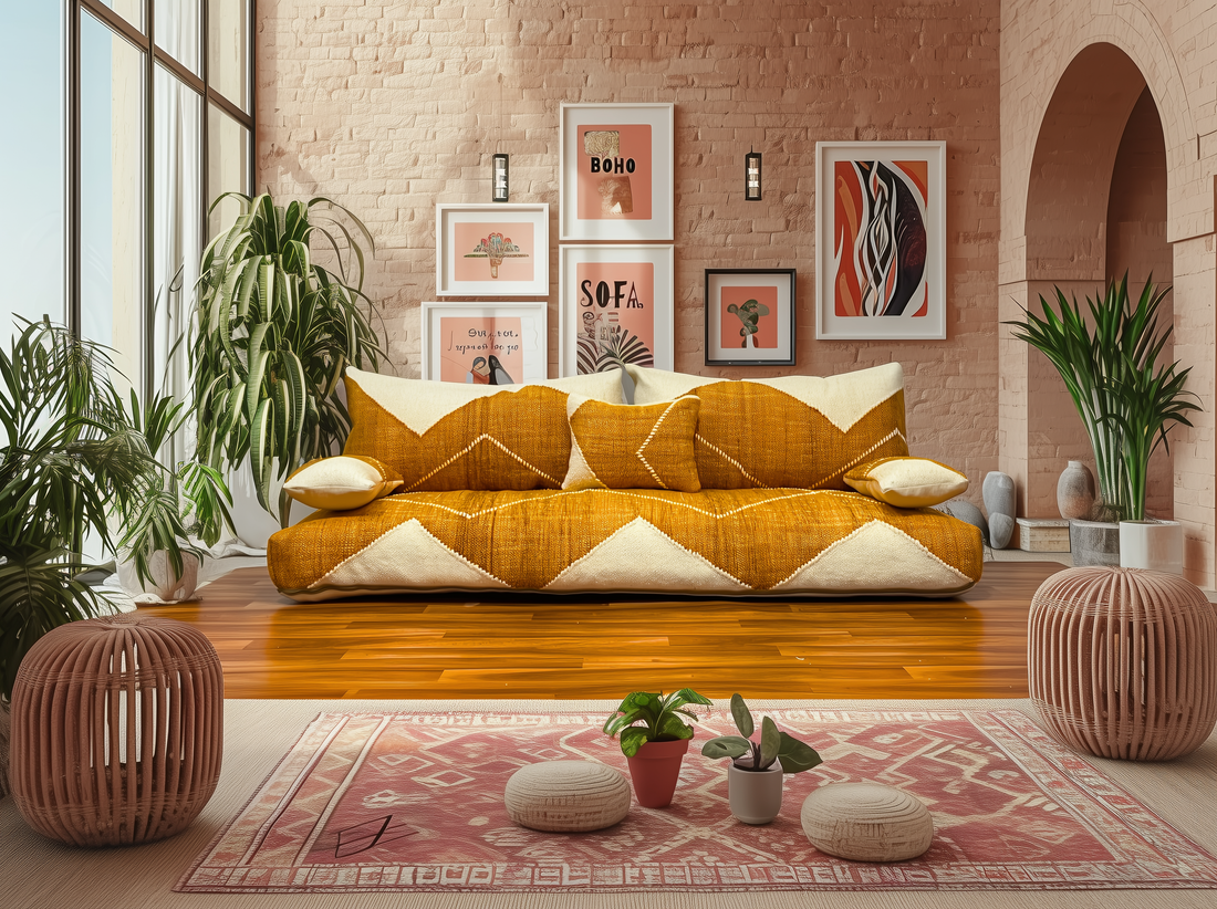 BOHOSOFA Premium Handwoven Orange Moroccan Floor Couch – Natural JEBLI Collection-BOHO SOFA
