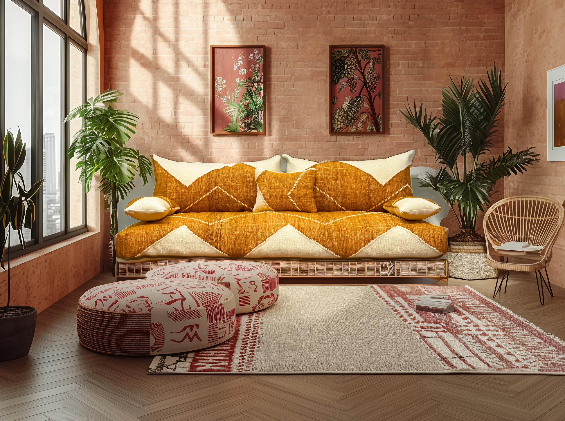 BOHOSOFA Premium Handwoven Orange Moroccan Floor Couch – Natural JEBLI Collection-BOHO SOFA