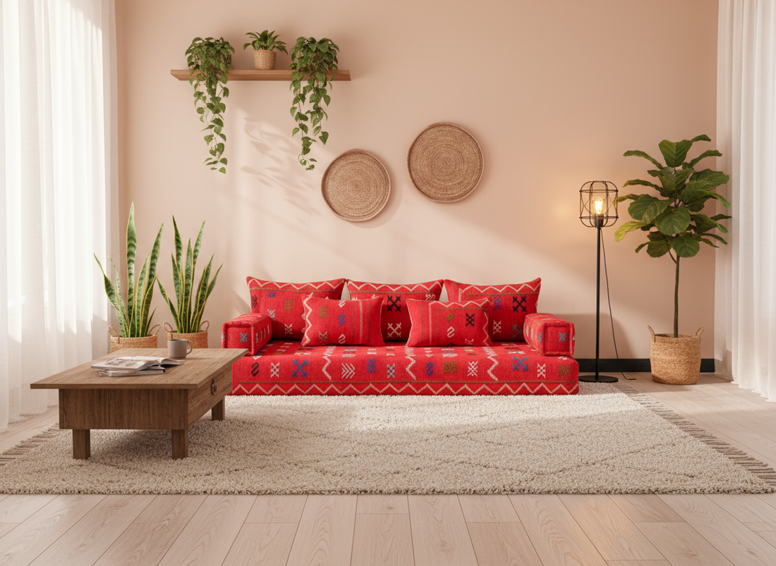 Red Moroccan floor couch , Moroccan sofa , arabic couch , Berber Couch N5-BOHO SOFA