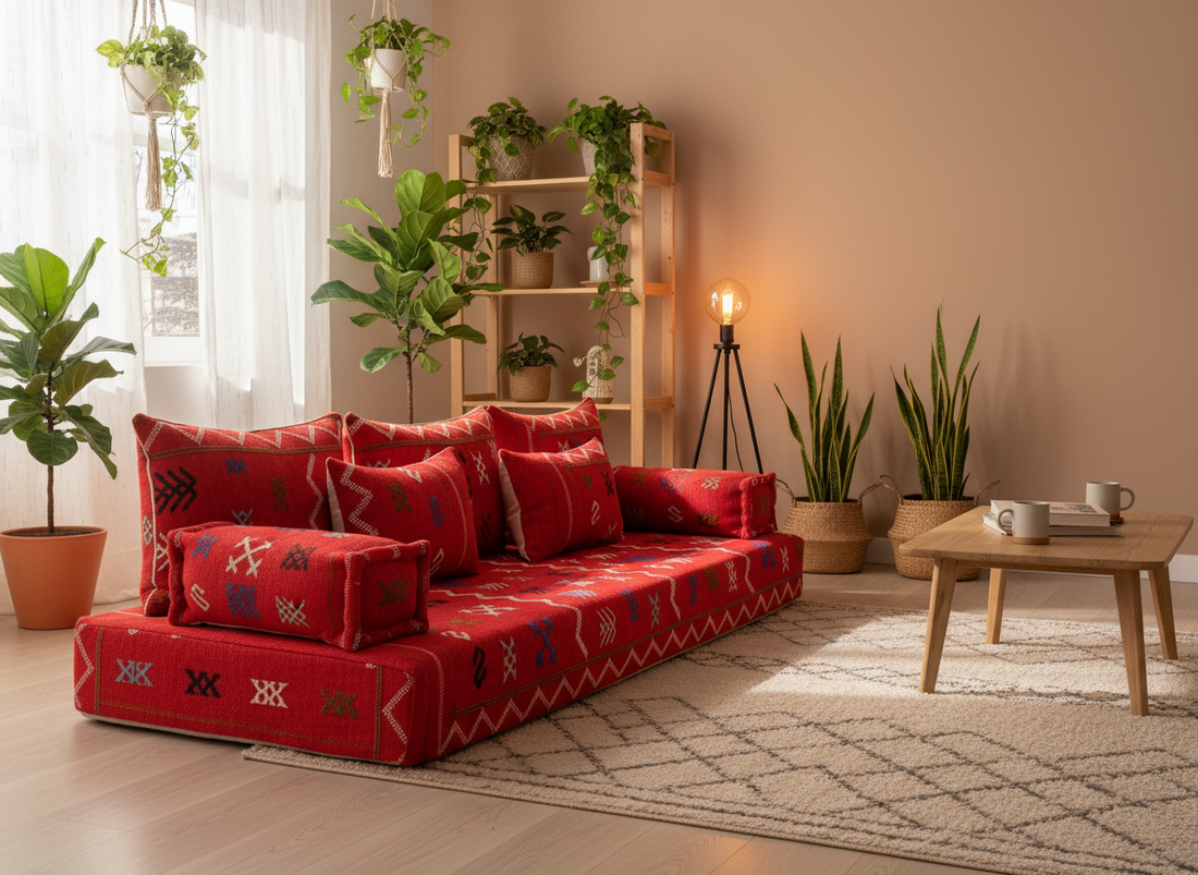 Red Moroccan floor couch , Moroccan sofa , arabic couch , Berber Couch N5-BOHO SOFA