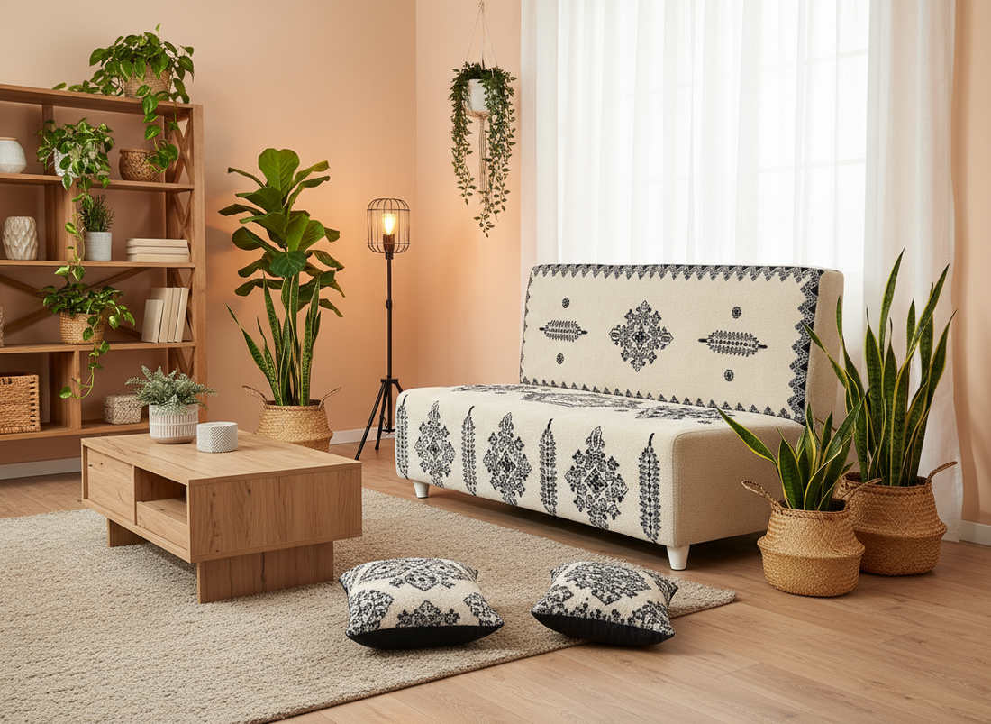 Bohemian Floor Couch | Traditional Moroccan Berber Sofa with Wool & Wood Traditional Sofa N1-BOHO SOFA