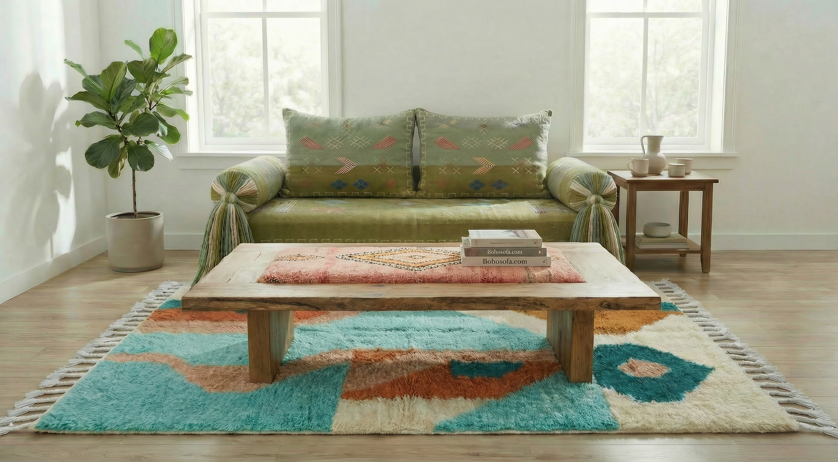 Living room with a moroccan rug and a boho green sofa, coffee table, and colorful rug.slider_item_F6Kmar