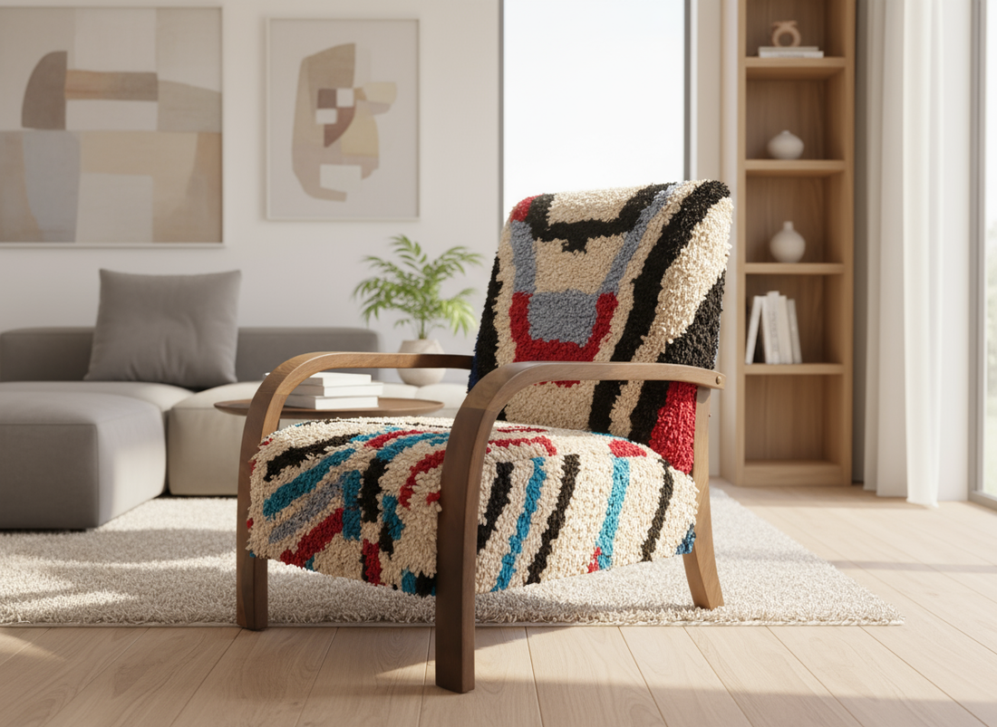 Mid-Century Moroccan chair in a boho living room