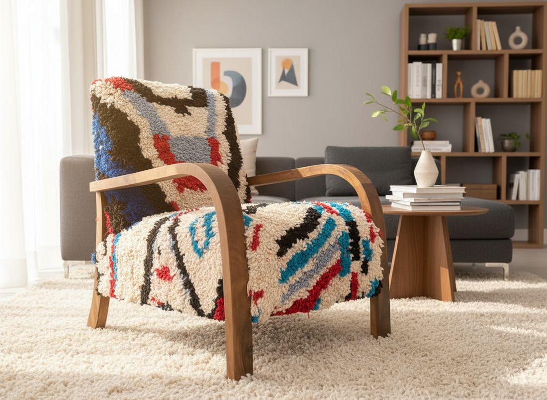 Mid-Century Moroccan chair in a boho living room
