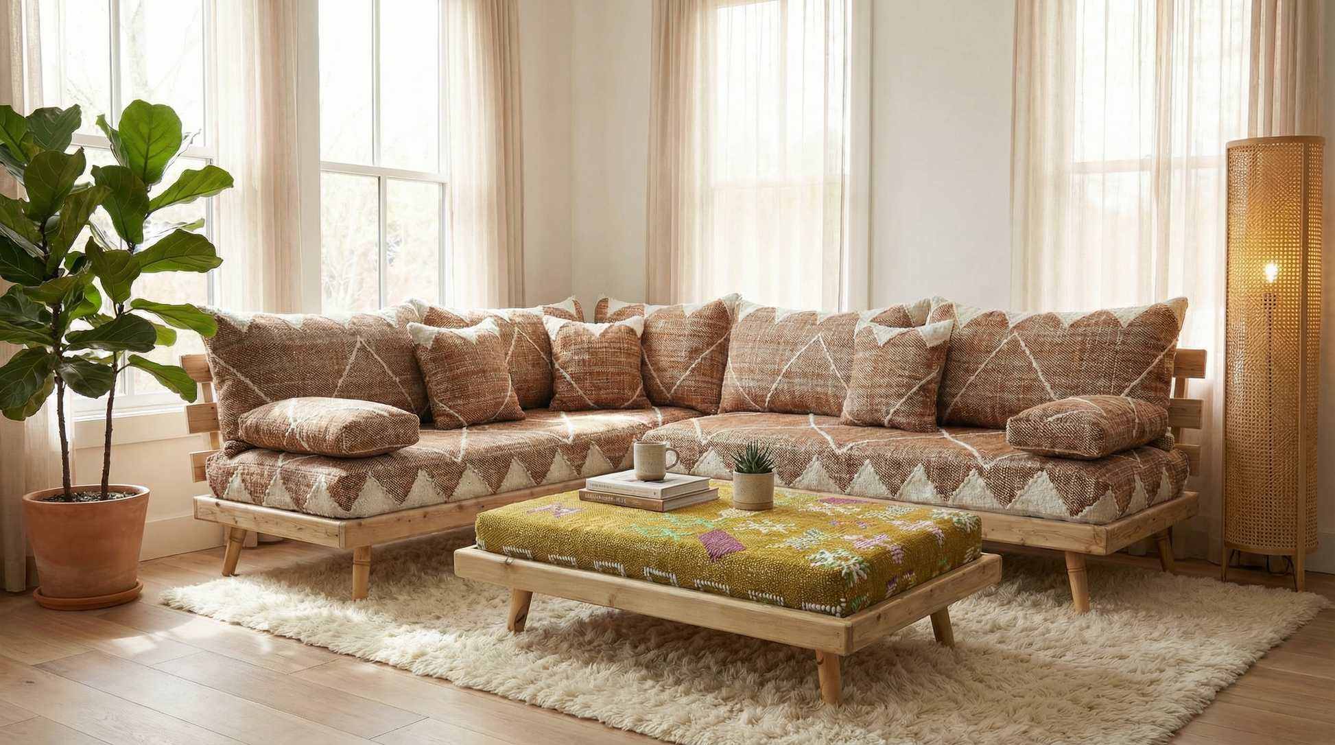 Moroccan sofas with a  modern coffee table