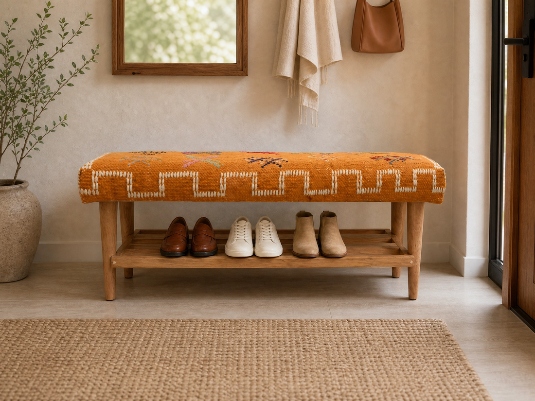 Handmade Modular Bench & Shoe Storage, Kilim Fabric Upholstered Bench, close-up detail view – Boho Sofa