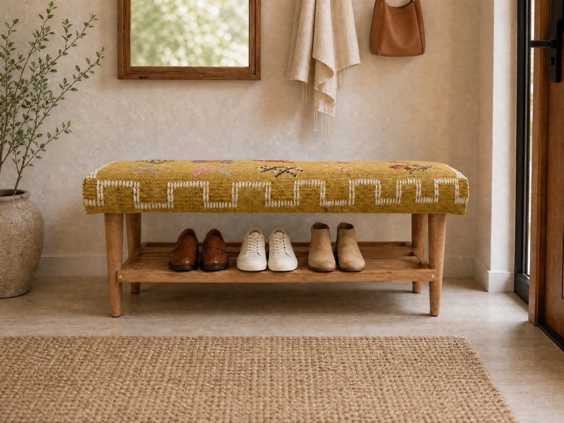 Handmade Modular Bench & Shoe Storage, Kilim Fabric Upholstered Bench, close-up detail view – Boho Sofa