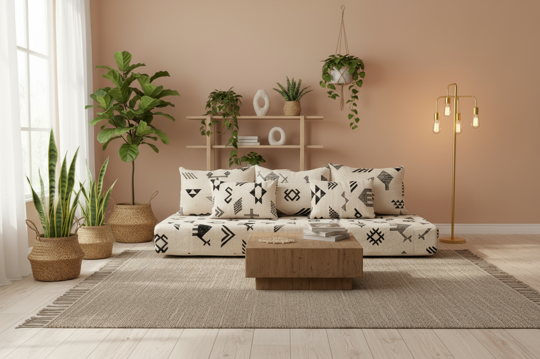 Modern living room with a sofa, coffee table, and decorative plants.