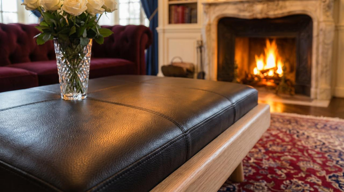 Moroccan Modular Bench & Coffee Table, Genuine Cow Leather, Black, close-up detail view – Boho Sofa
