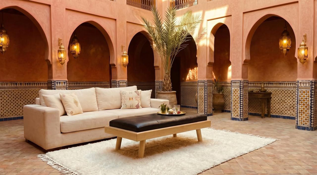 Moroccan Modular Bench & Coffee Table, Genuine Cow Leather, Black, close-up detail view – Boho Sofa