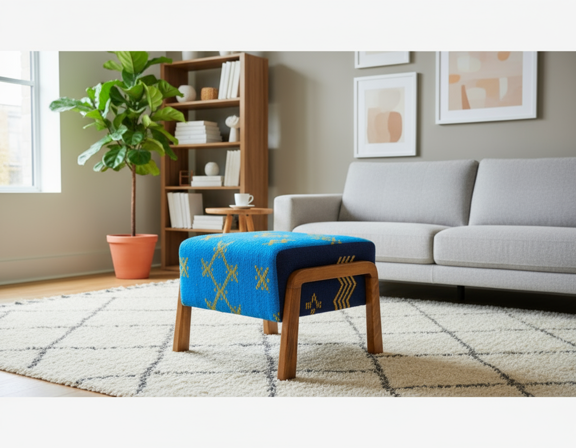 Moroccan Kilim Ottoman I Handcrafted Wooden Stool & Footrest-BOHO SOFA