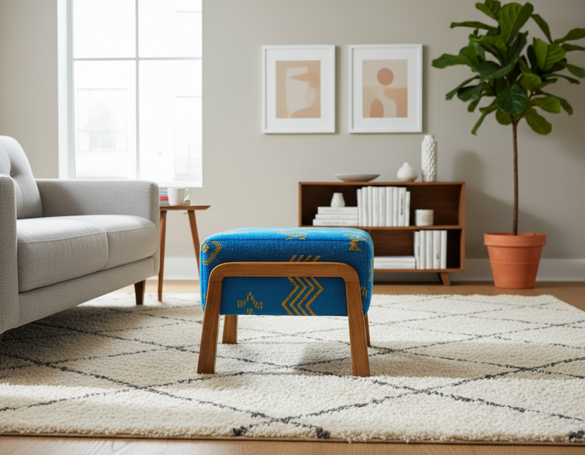 Moroccan Kilim Ottoman I Handcrafted Wooden Stool & Footrest-BOHO SOFA