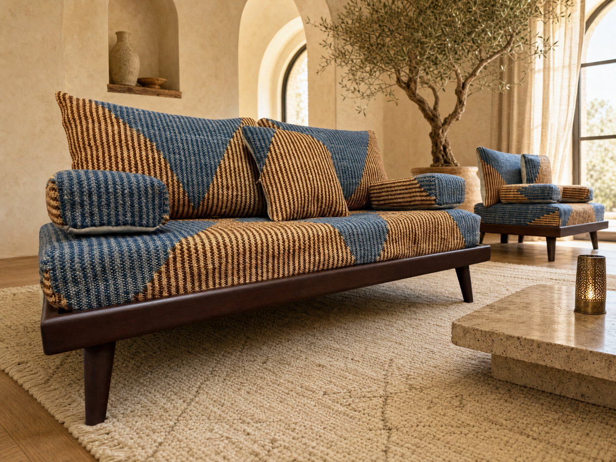 Authentic Moroccan Handmade Wool Floor Couch - Blue Tan Geometric Diamond Pattern - BOHO SOFA
