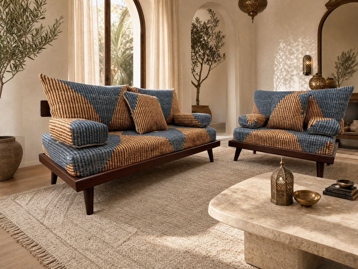 Authentic Moroccan Handmade Wool Floor Couch - Blue Tan Geometric Diamond Pattern - BOHO SOFA