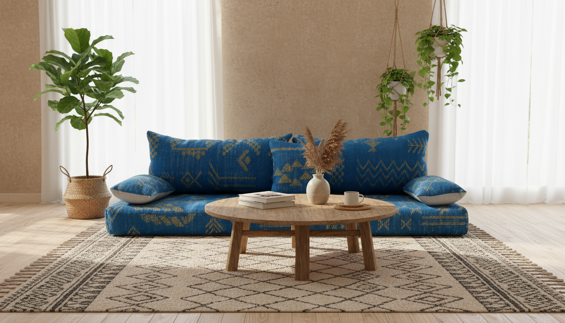 Blue sofa in a living room with plants and a wooden coffee table.