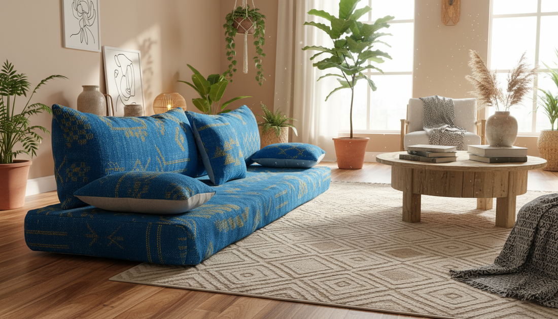 Blue sofa in a living room with plants and a wooden coffee table.