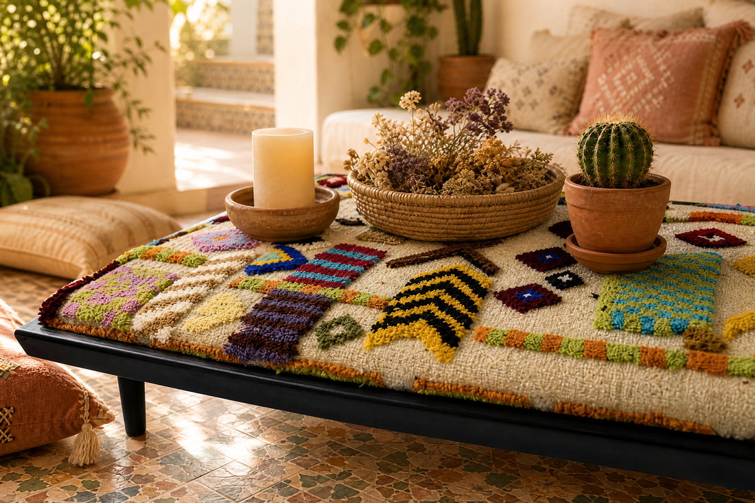 Handcrafted Modular Bench & Coffee Table – boho Geometric Kilim Fabric on Rustic Natural Wood Base with Cylindrical Legs