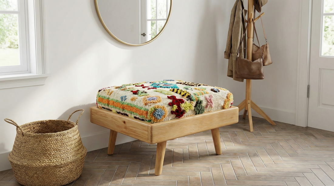 Moroccan boho Ottoman I Handcrafted Wooden Stool & Footrest hippy foot stool