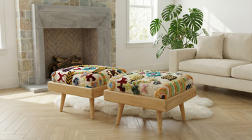 Moroccan Boho Ottoman I Handcrafted Wooden Stool & Footrest, Multicolor, close-up detail view – Boho Sofa