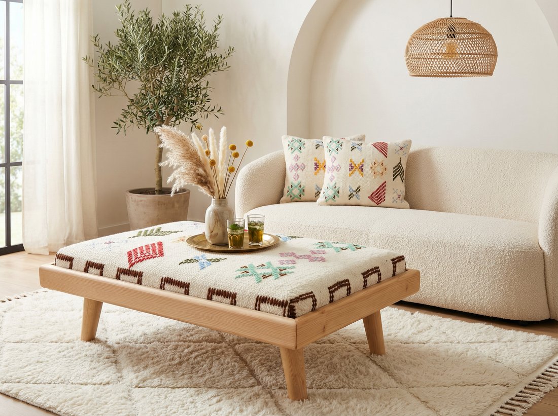 White Handcrafted Modular Bench & Coffee Table – Boho Kilim, close-up detail view – Boho Sofa