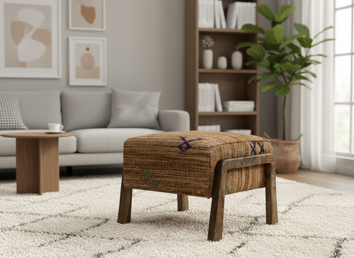 Moroccan Kilim Ottoman I Handcrafted Wooden Stool & Footrest-BOHO SOFA