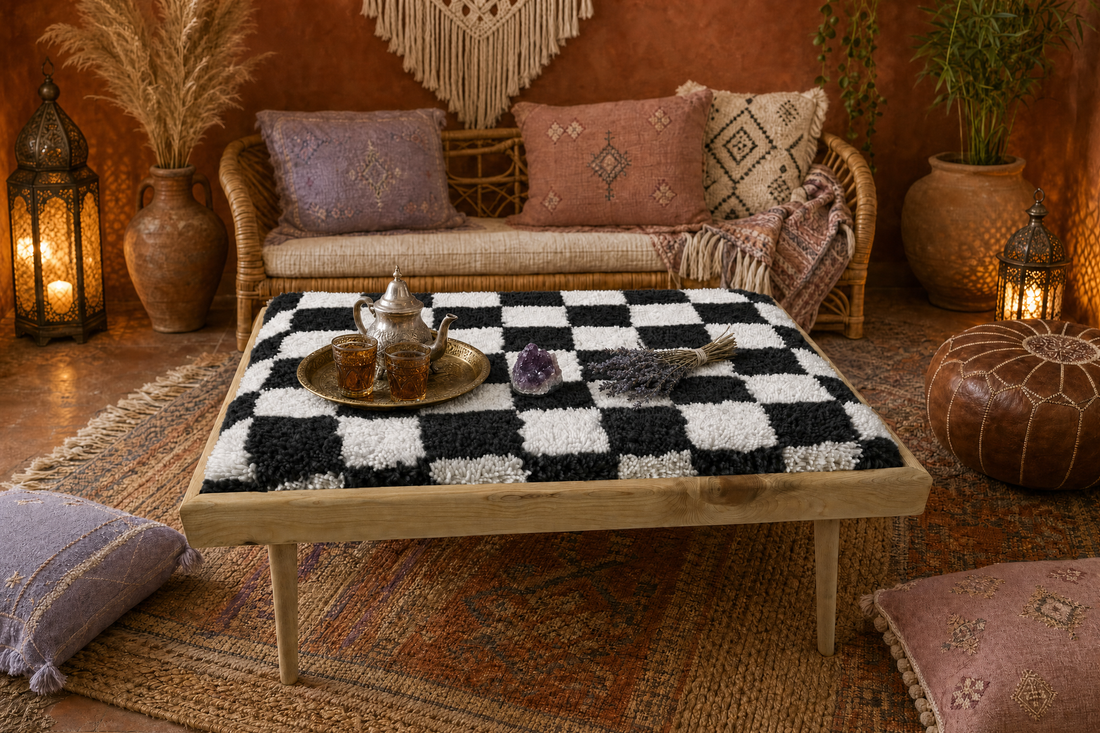Handcrafted Moroccan Checkered Wool Coffee Table & Modular Bench, close-up detail view – Boho Sofa