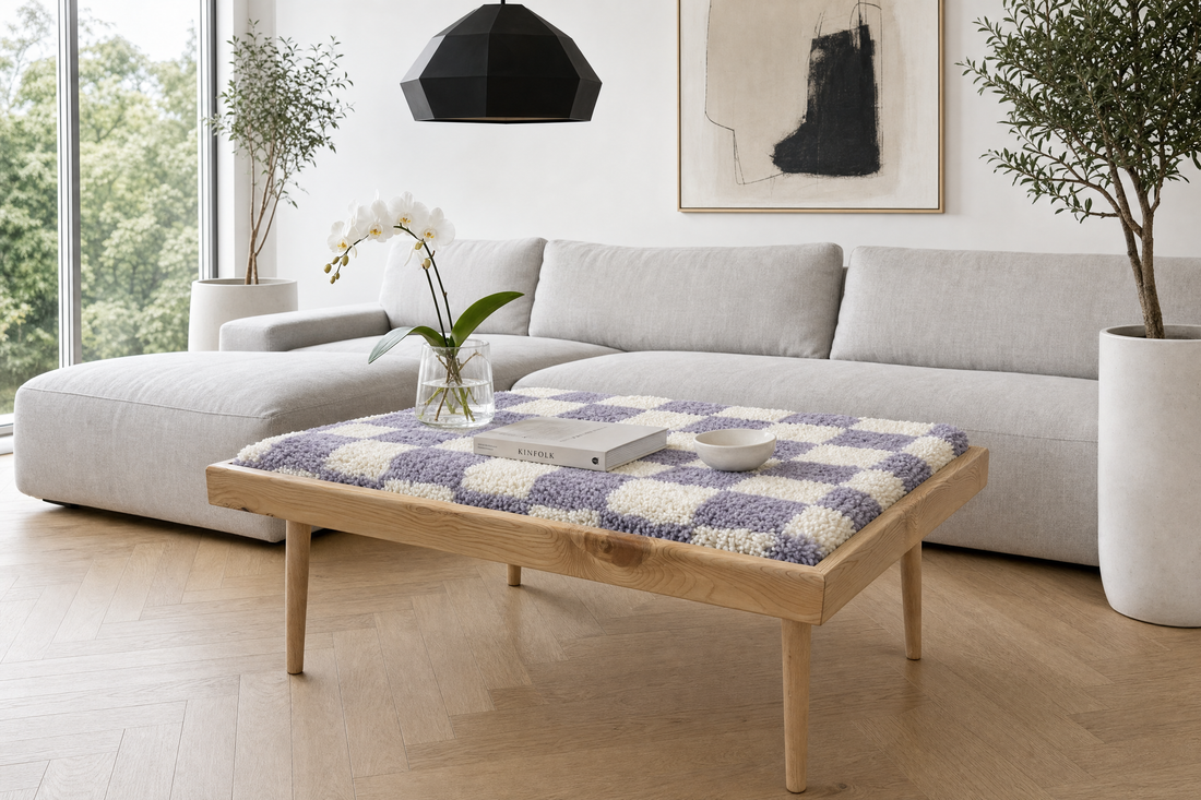 Handcrafted Moroccan Checkered Wool Coffee Table & Modular Bench, close-up detail view – Boho Sofa