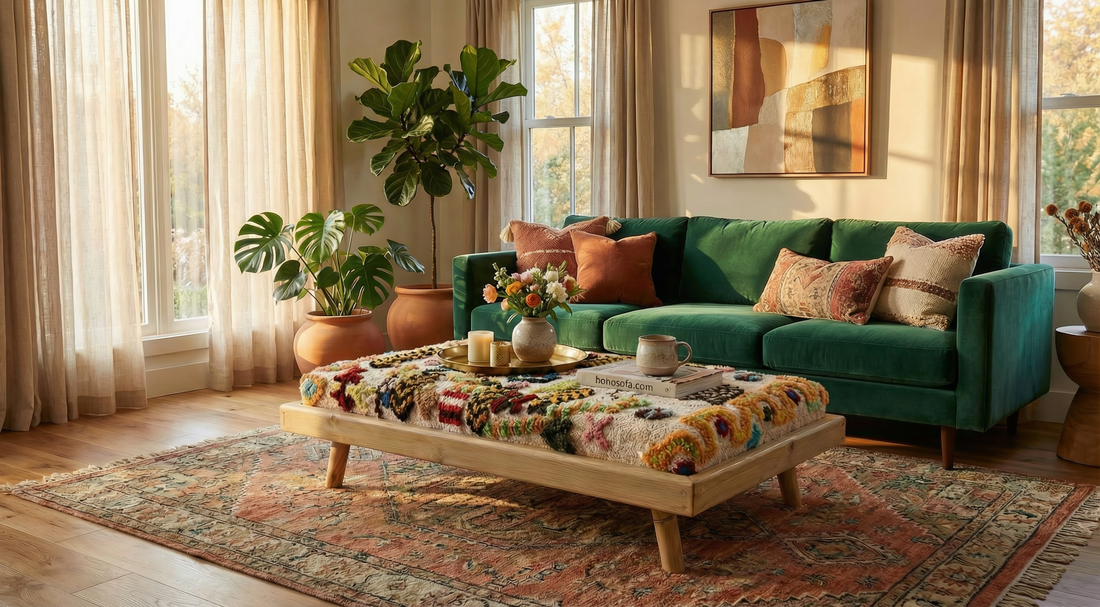 Handcrafted Moroccan Modular Bench & Coffee Table – boho Geometric Kilim Fabric on Rustic Natural Wood Base with Cylindrical Legs (