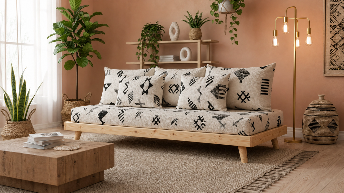 Authentic Moroccan Handmade Sofa — Cedar Wood Base & Berber Fabric , white and black made sofa