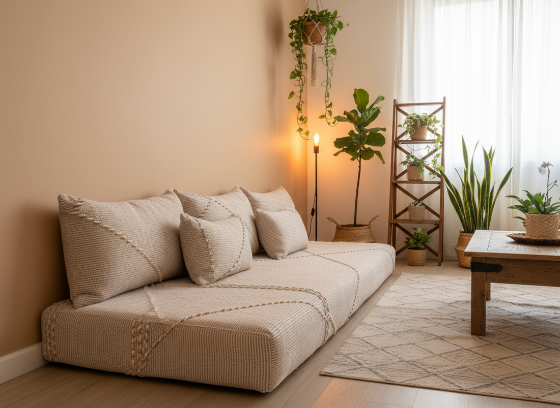 BeigeMoroccan couch , Premium Natural Wool Jebli Couch N16-BOHO SOFA